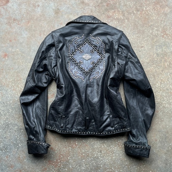 Harley Davidson Womens Black Perfecto Leather Studded Biker Jacket M - Picture 4 of 10